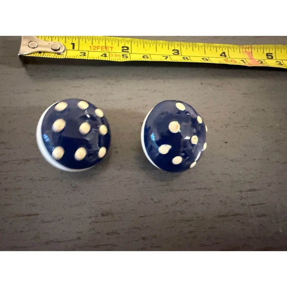 Navy Blue Polka Dot Dome Stud Earrings Vintage Style Enamel Button Round 1 Inch